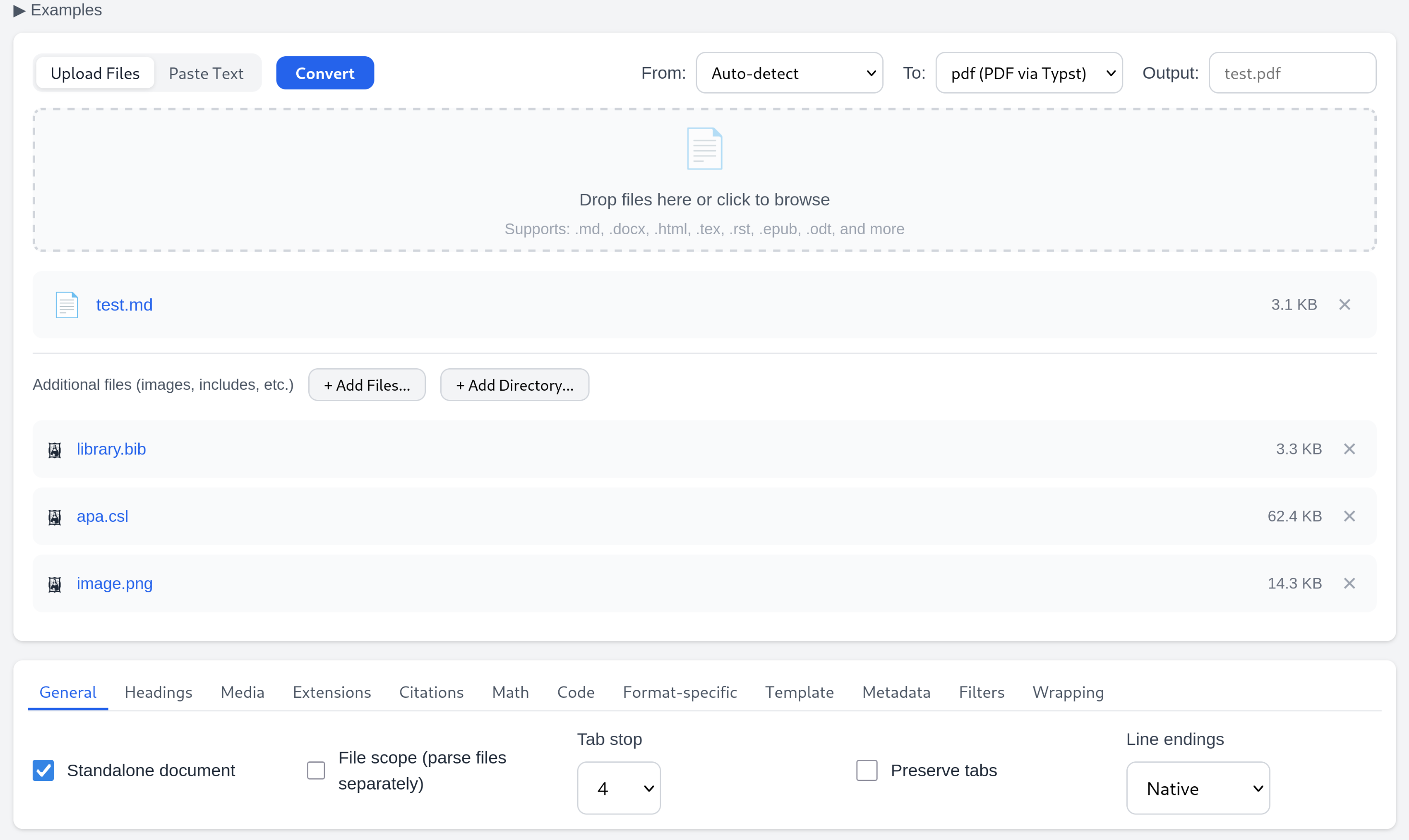 L'interface de pandoc.og/app